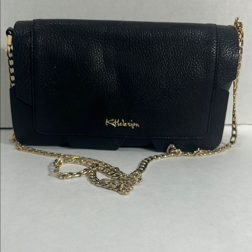 Black and Gold Pebbled Leather Clutch with Chain